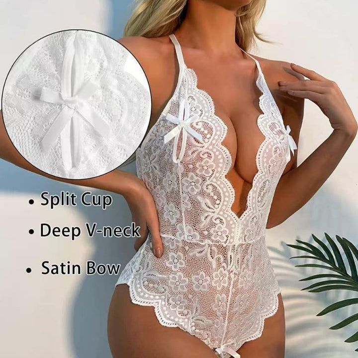 Deep-V Lace Teddy with Heart Ring