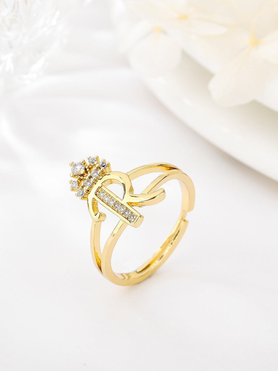 26 Letters Optional Crown Diamond-Encrusted Ring - Women's Light Luxury Personalized Letter Accessory