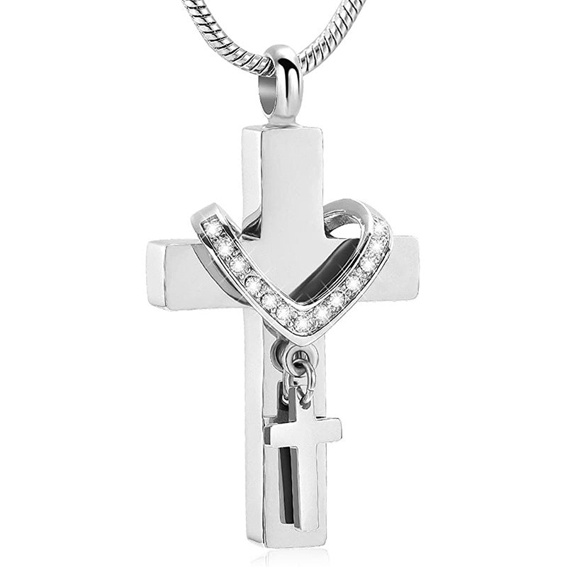 Diamond-Inlaid Heart Religious Pendant  Openable Cross Memorial Necklace