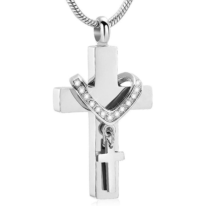 Diamond-Inlaid Heart Religious Pendant  Openable Cross Memorial Necklace