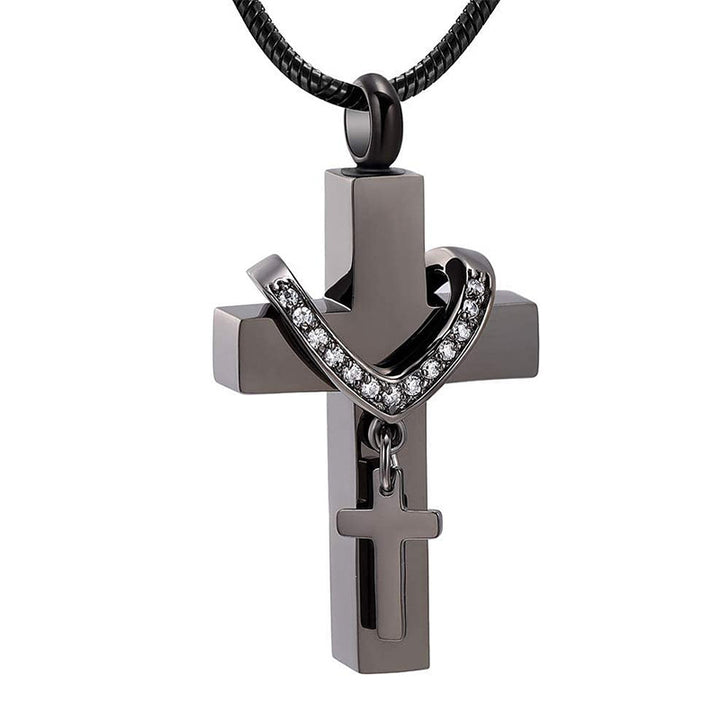 Diamond-Inlaid Heart Religious Pendant  Openable Cross Memorial Necklace