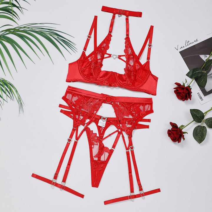 Embroidered Heart Rhinestone Halter Lingerie Set