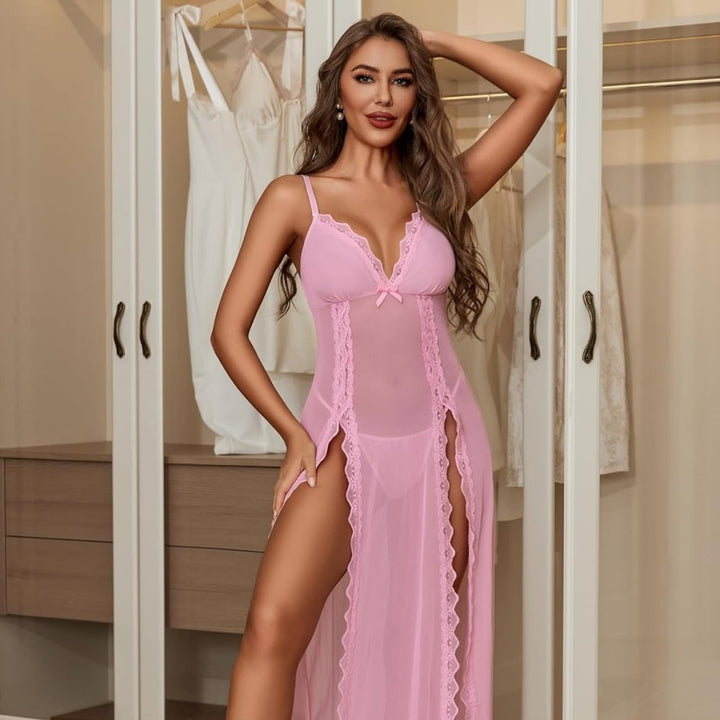 Sexy Floral Lace Trim Long Babydoll