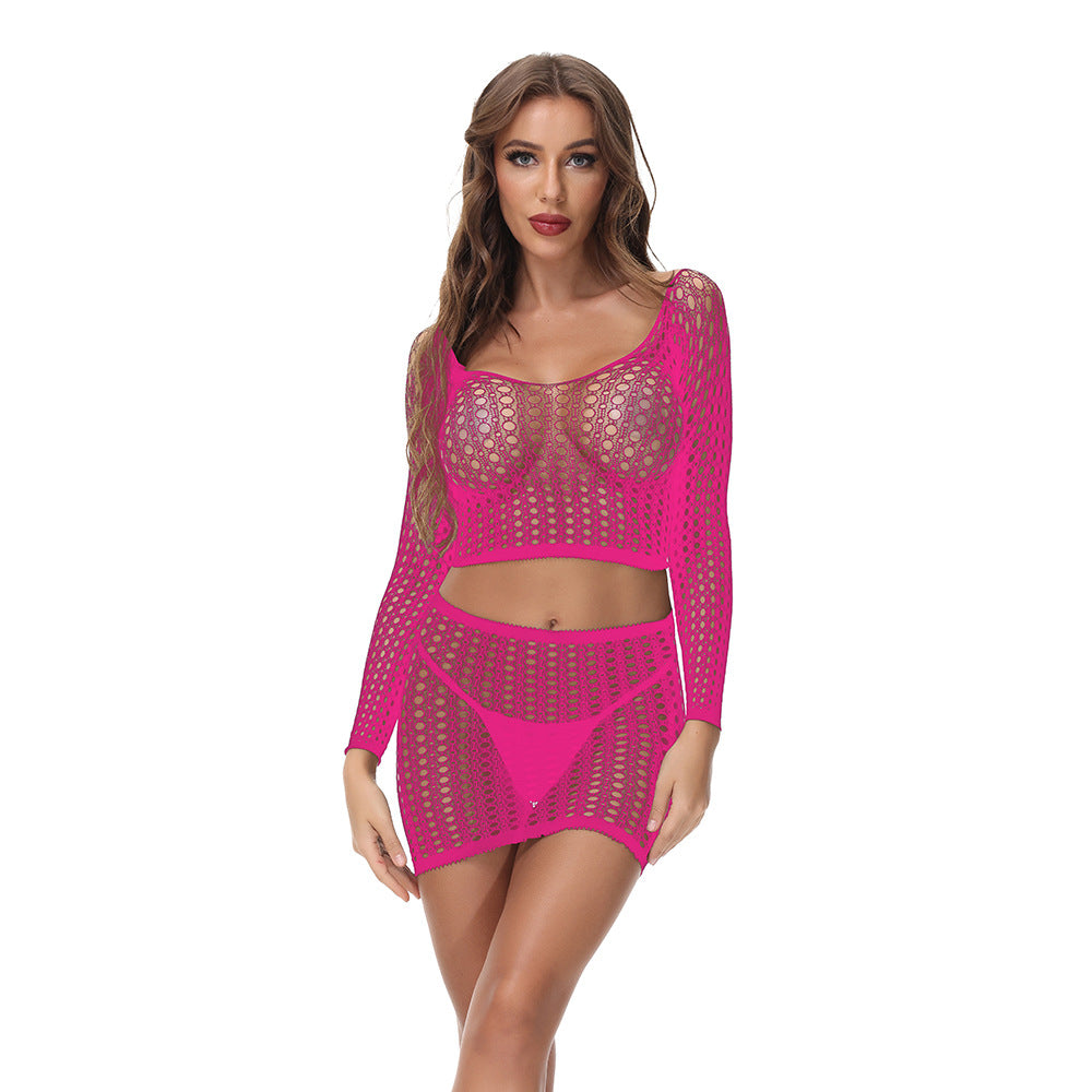 Fishnet Long-Sleeve Crop Top & Mini Skirt Set