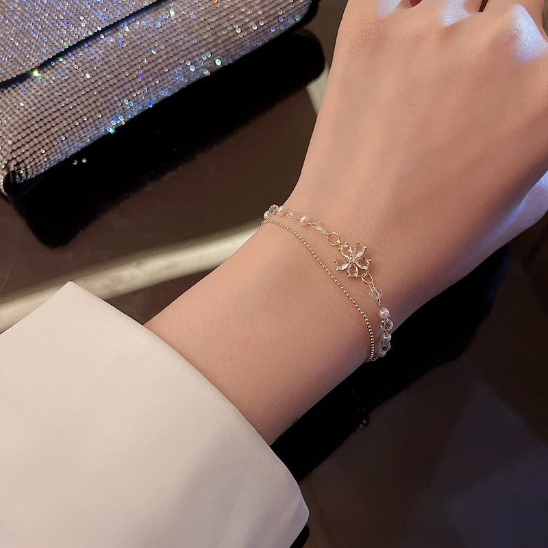 Gilded Flower Whisper 18K Gold Pearl & Crystal Double-Layer Bracelet