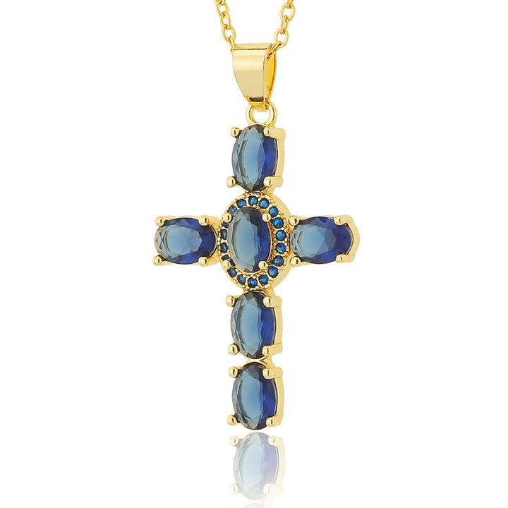 Gold-Plated Imitation Diamond Religious Pendant Luxurious Colored Gem Cross Necklace