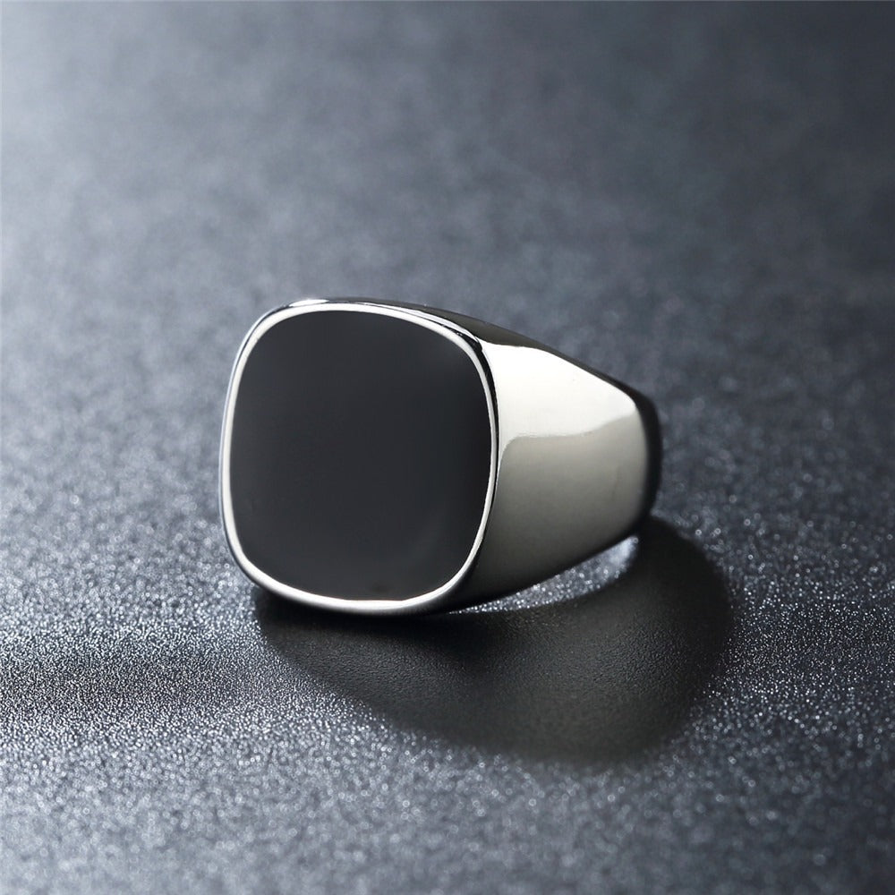 18K Gold/Bright Silver Minimalist Black Onyx Square Ring