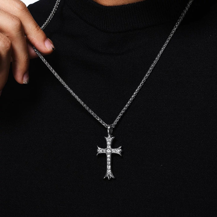 Silver diamond studded cross pendant necklace