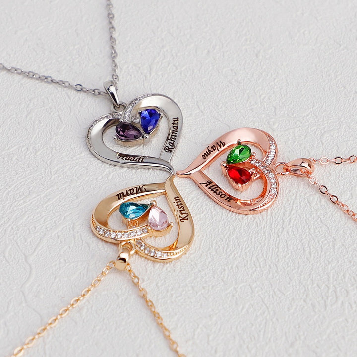 Custom 2-Person Birthstone Heart Necklace Engravable S925 Silver Choker