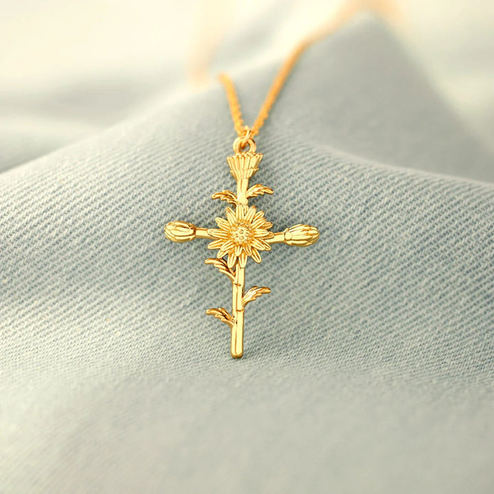 12-Month Birth Flower Cross Necklace 18K Gold-Plated Embossed Floral Pendant Light Luxury Memorial Choker