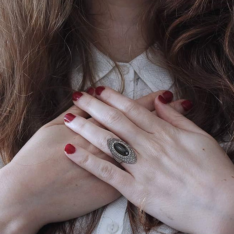 Black Onyx Silver Diamond Ring