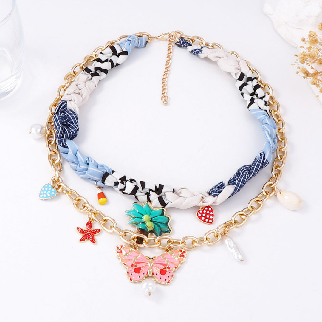 Braided double-layer printed pendant necklace
