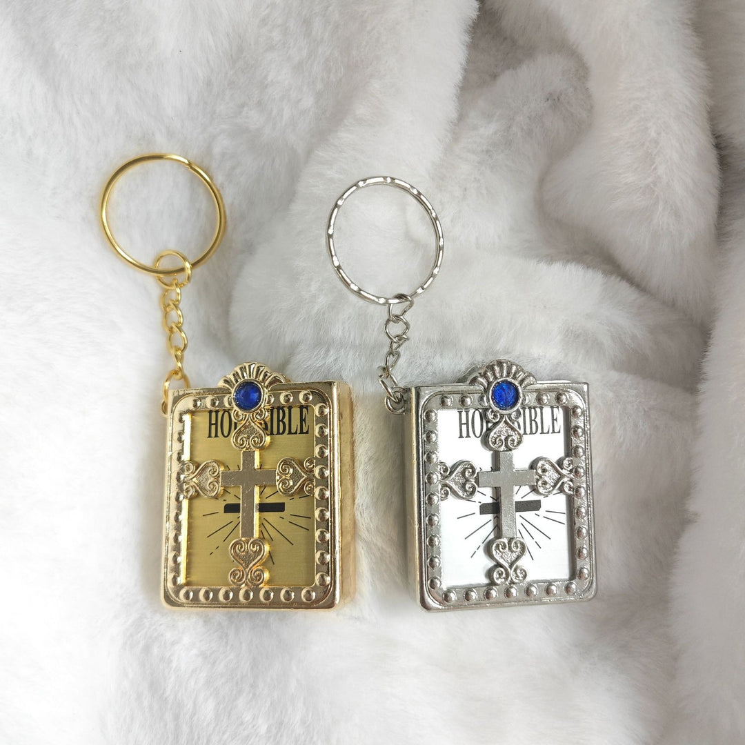 Vintage Holy Bible Cross Keychain | 3D Book Design Christian Key Ring | Metal Faith Charm