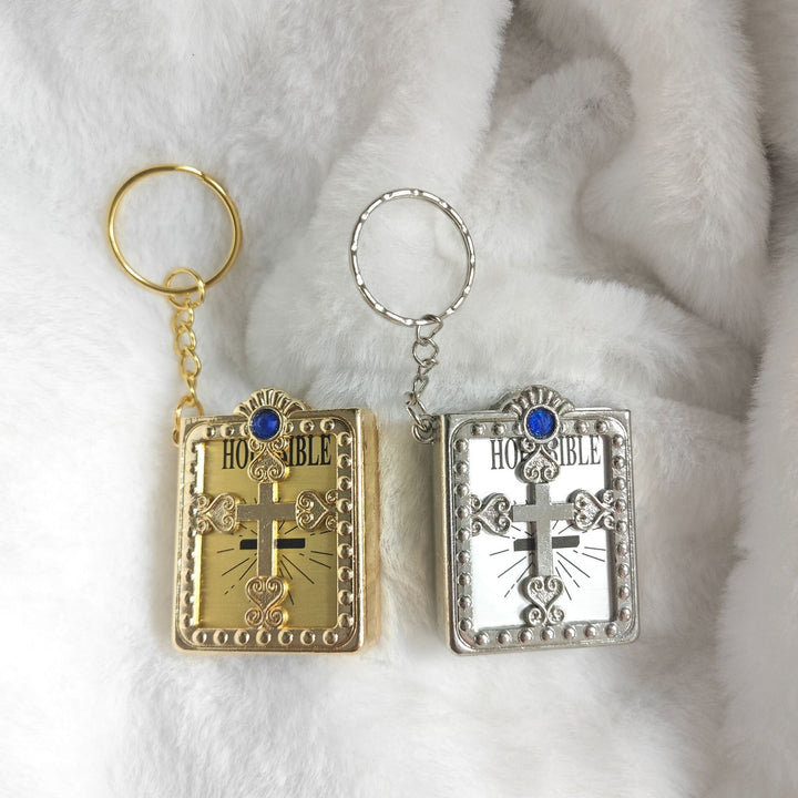 Vintage Holy Bible Cross Keychain | 3D Book Design Christian Key Ring | Metal Faith Charm