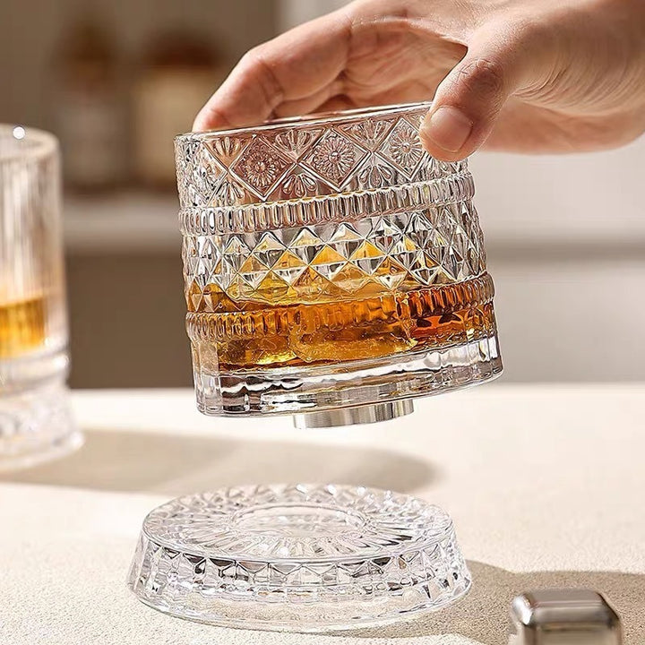 360° Rotating Crystal Whiskey Glass | Cold-Cut Crystal · Stainless Steel Spinning Base