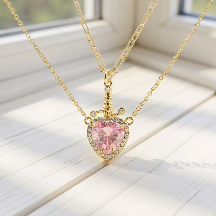 Sword - Heart Double - Layer Cuban Link Necklace (Gold/Silver, Multi - Gem Version)
