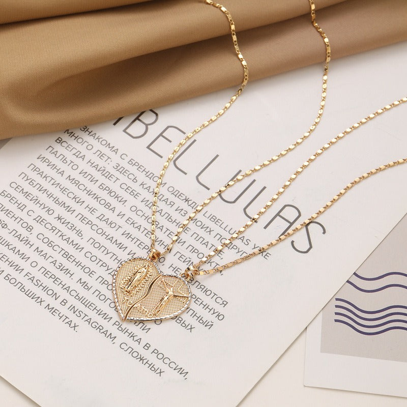 Couple's Religious Heart-Shaped Puzzle Necklace - Gold Diamond-Encrusted Christian Faith Accessory