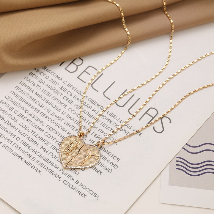 Couple's Religious Heart-Shaped Puzzle Necklace - Gold Diamond-Encrusted Christian Faith Accessory