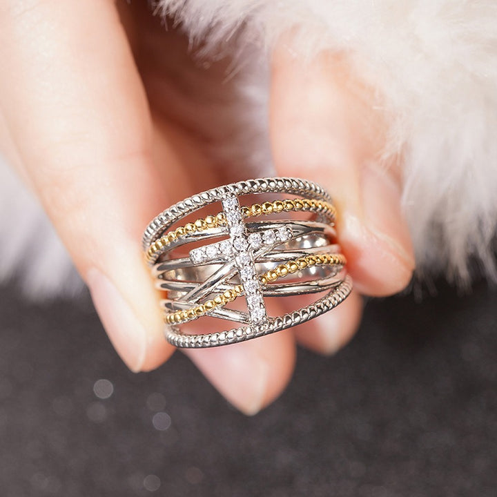 Two-Tone Interwoven Cross Ring | Silver & Gold Layered Design