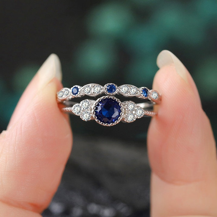“Eternal Heart” Round Gemstone Ring Set | Stackable Double Ring Design with Halo Setting