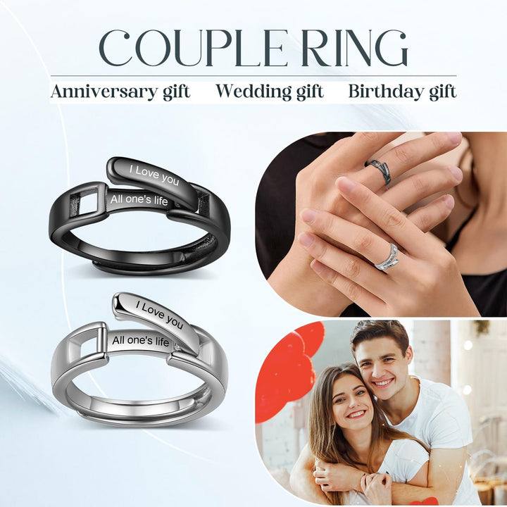 "Time Buckle" Custom Engraved Couple Rings | Personalized Date & Name Belt-Buckle Design Minimalist Matching Bands