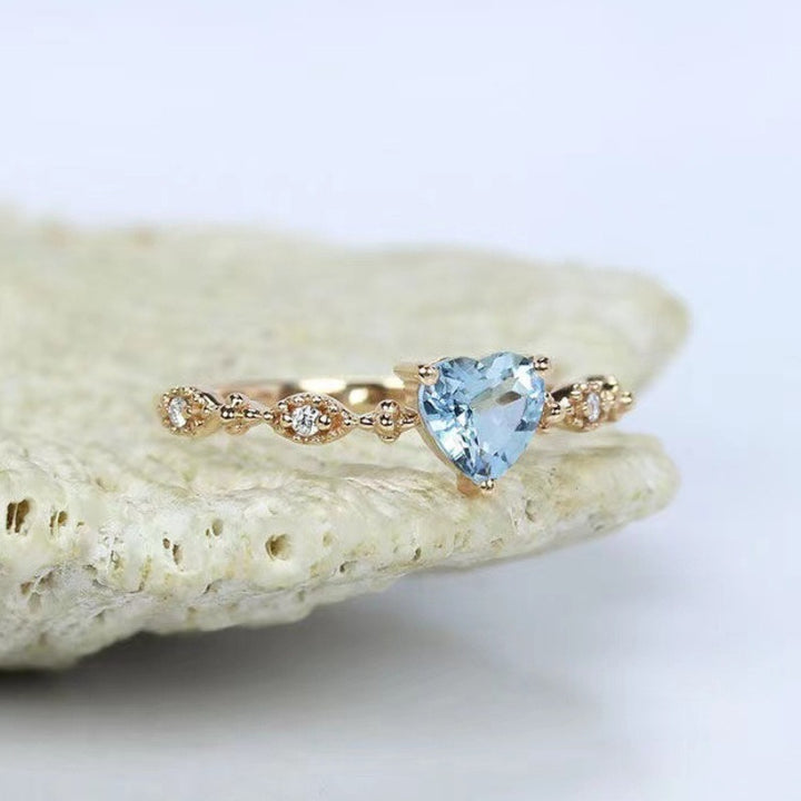 "Sky Heart" 18K Gold Heart Aquamarine Ring | Vintage Starburst Diamond-Accented Dainty Daily Band