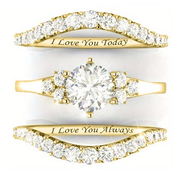 “Today·Tomorrow·Always” 18K Gold Diamond Stackable Ring Set｜Three-Layer Romantic Vow Engraved in Love