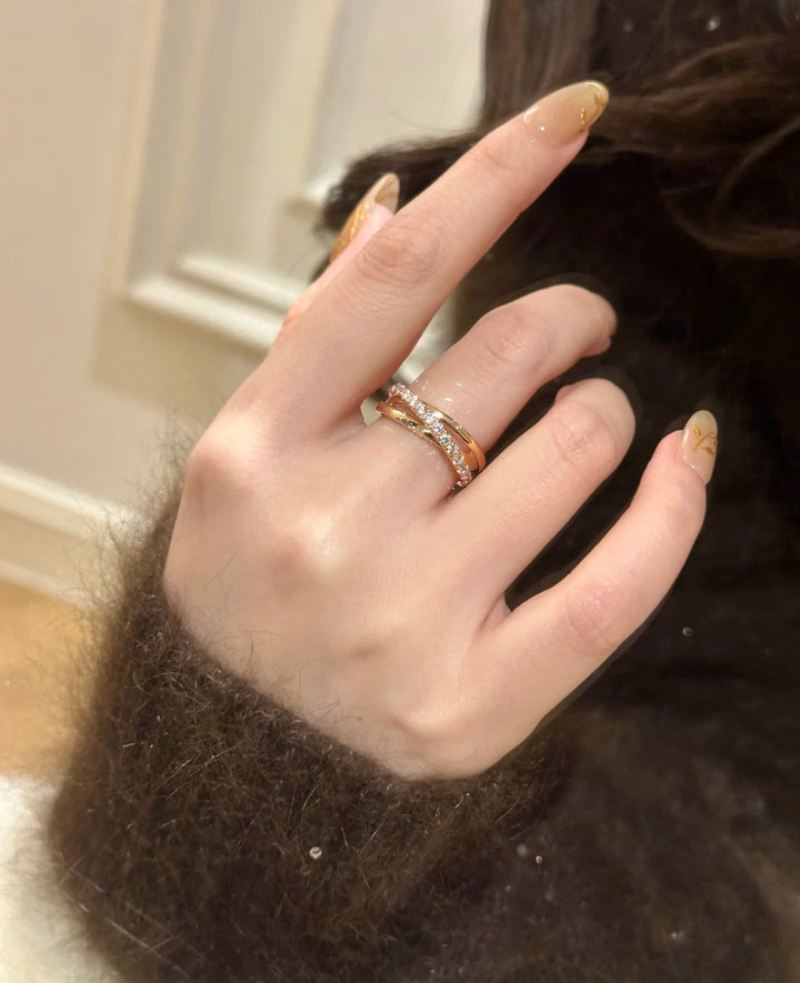 Stackable Double-Band 18K Gold Pavé Diamond Open Ring