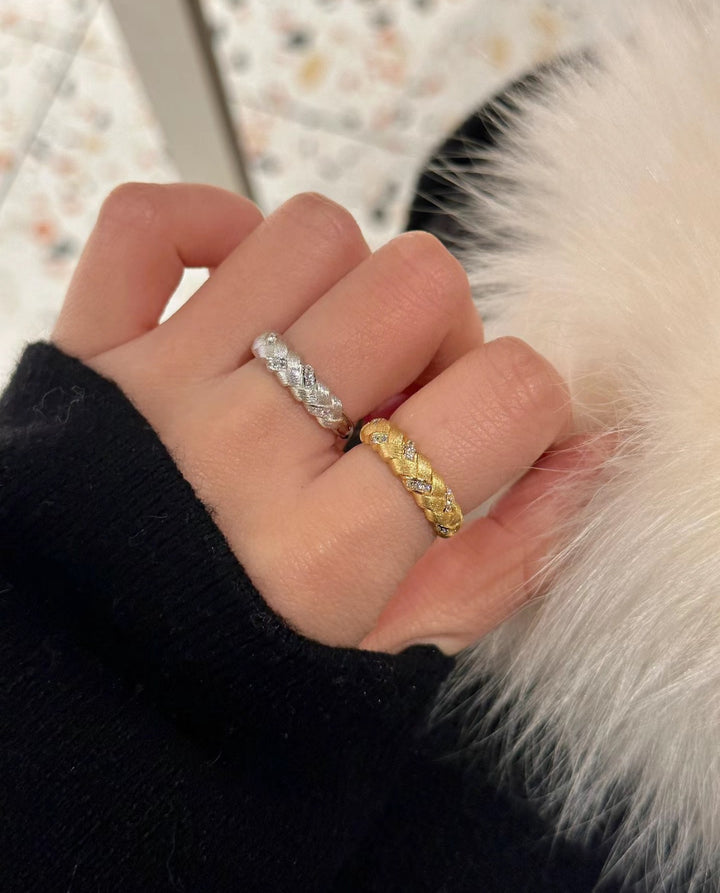 Feather Trace Handcrafted Texture Gold/Silver Diamond Open Ring