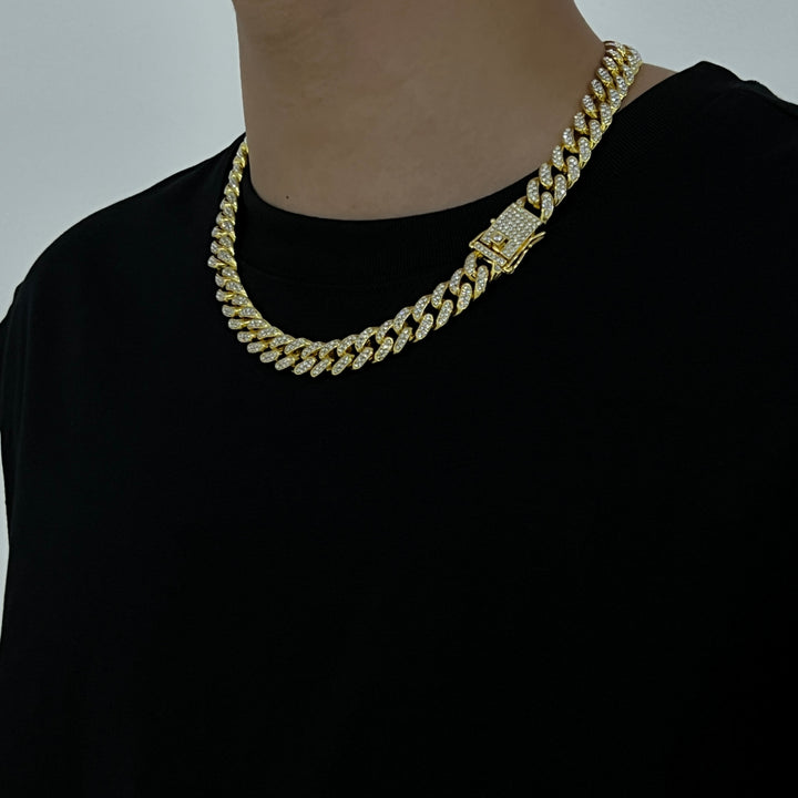 Pavé-Set Cuban Link Necklace (Two-Tone: Gold & Silver)