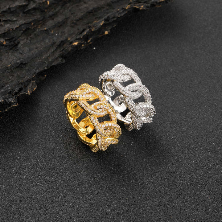 Cuban Chain-Style Full Diamond Ring (Gold/Silver Version)