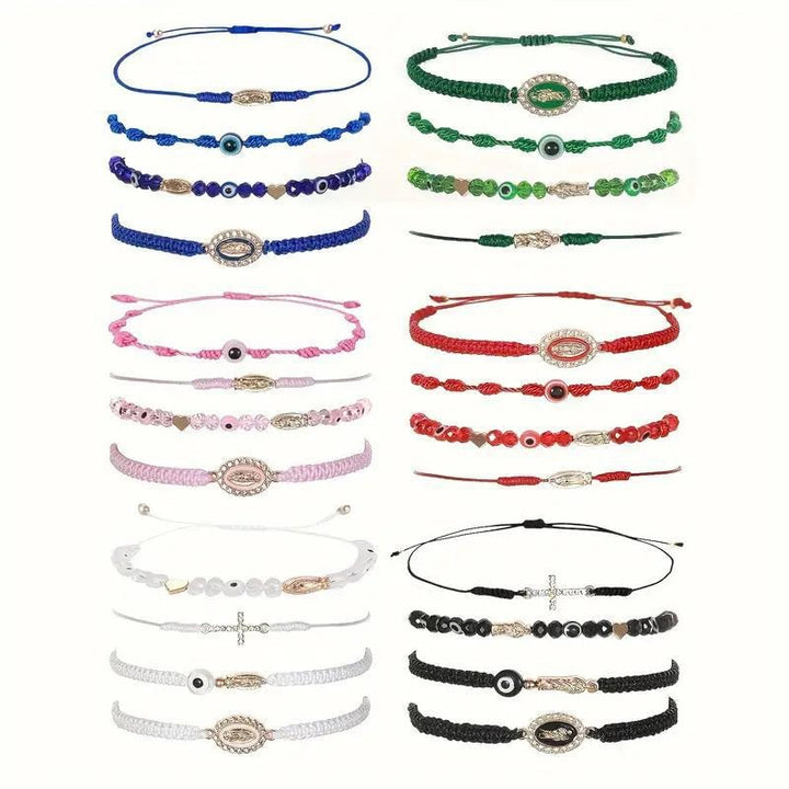 Unisex Religious Braided Rope Bracelets - Virgin Mary/Cross + Evil Eye Decor Lucky Handchains
