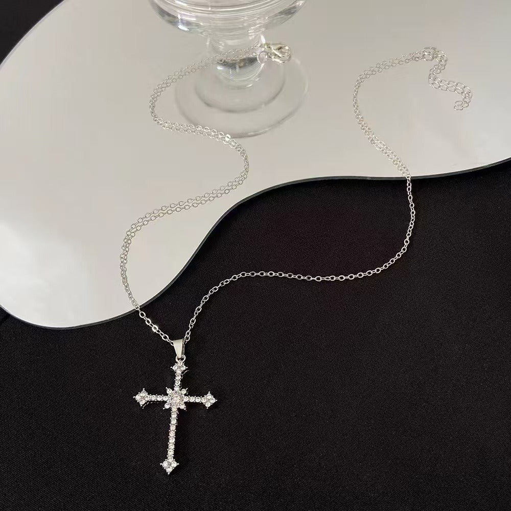 Full-Diamond Cross Two-Tone Necklace - Light Luxury Micro-Inlaid Arrow Design Clavicle Chain