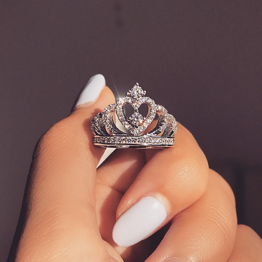 Light Luxury Full-Diamond Crown Ring - S925 Silver White Gold/Rose Gold Princess Band