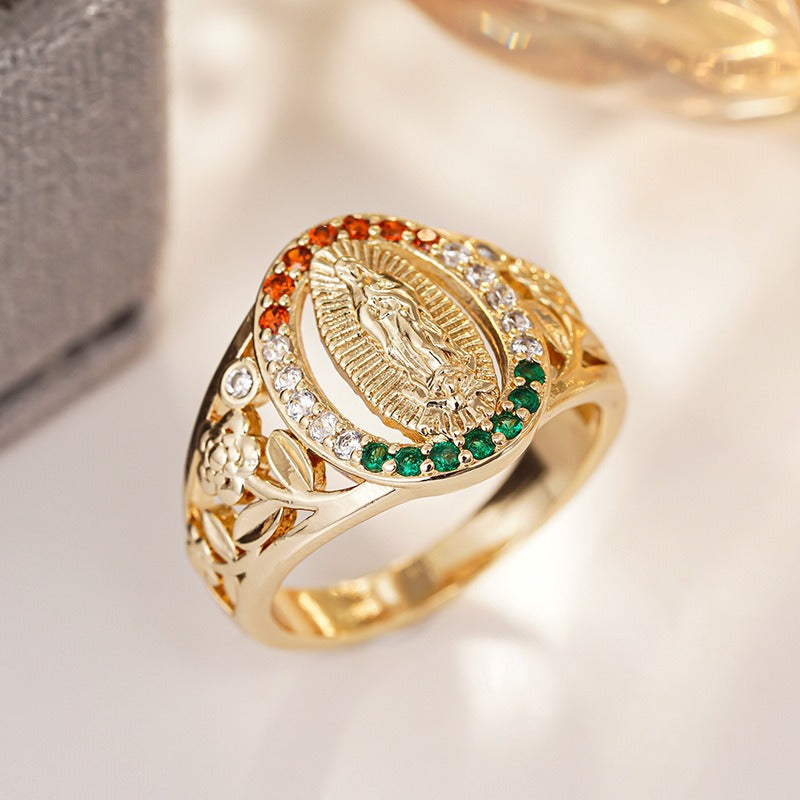 18K Gold Our Lady of Guadalupe Diamond Ring - Retro Religious Style Colored Gemstone Faith Band