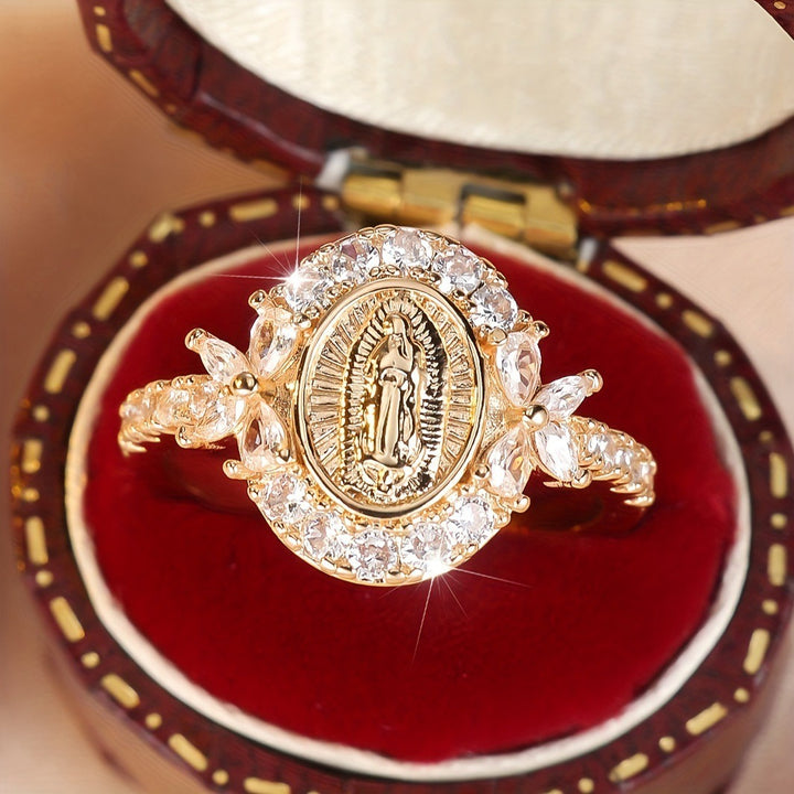 18K Gold Our Lady of Guadalupe Full-Diamond Ring - Light Luxury Retro Faith Band