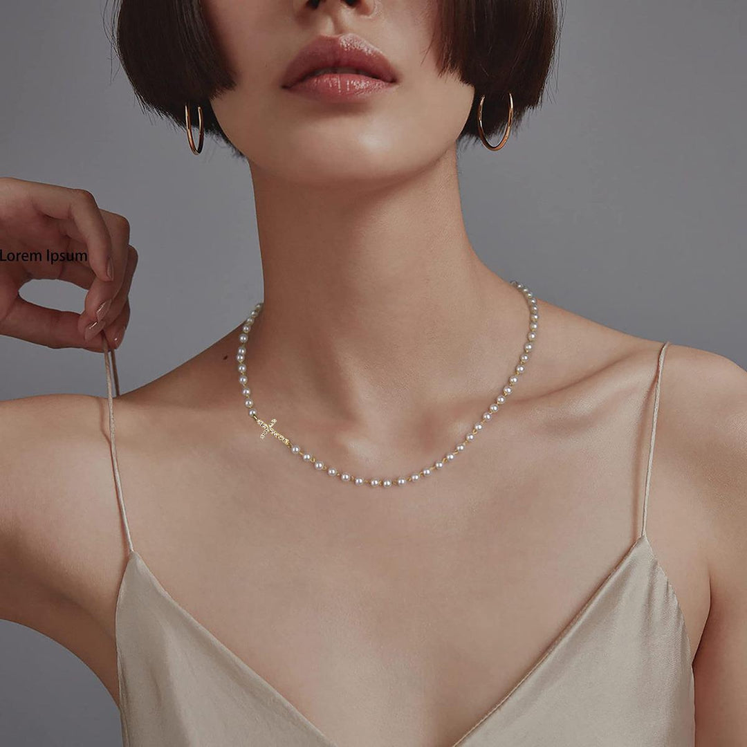 Pearl Cross Necklace (Plain Gold/Diamond-Inlaid Version)