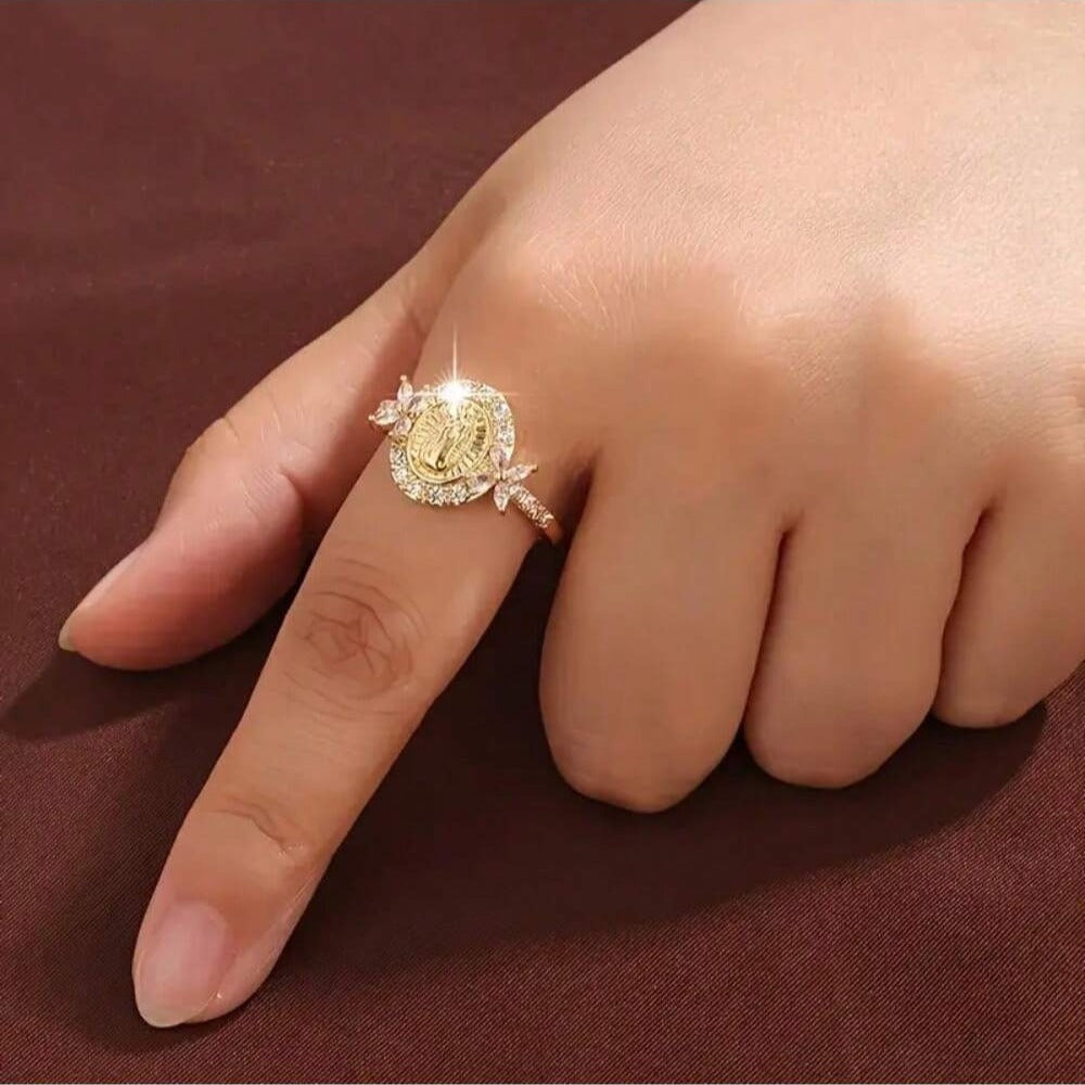 18K Gold Our Lady of Guadalupe Full-Diamond Ring - Light Luxury Retro Faith Band