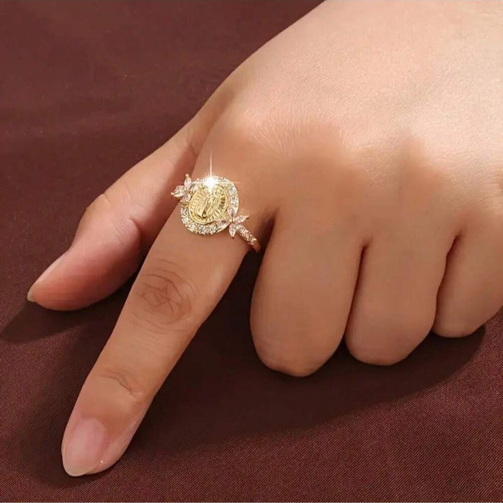 18K Gold Our Lady of Guadalupe Full-Diamond Ring - Light Luxury Retro Faith Band