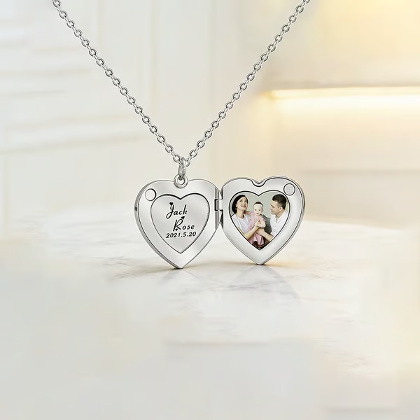 For Love - Customized Double Names, Dates & Photo Heart Necklace