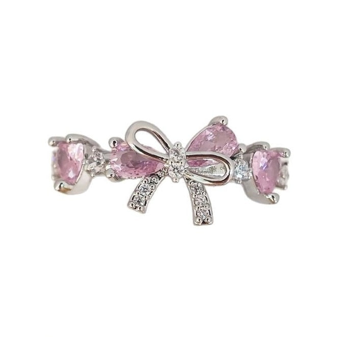 Light Luxury Bowknot Pink Diamond Ring - Gold/Silver Two-Color Women's Band