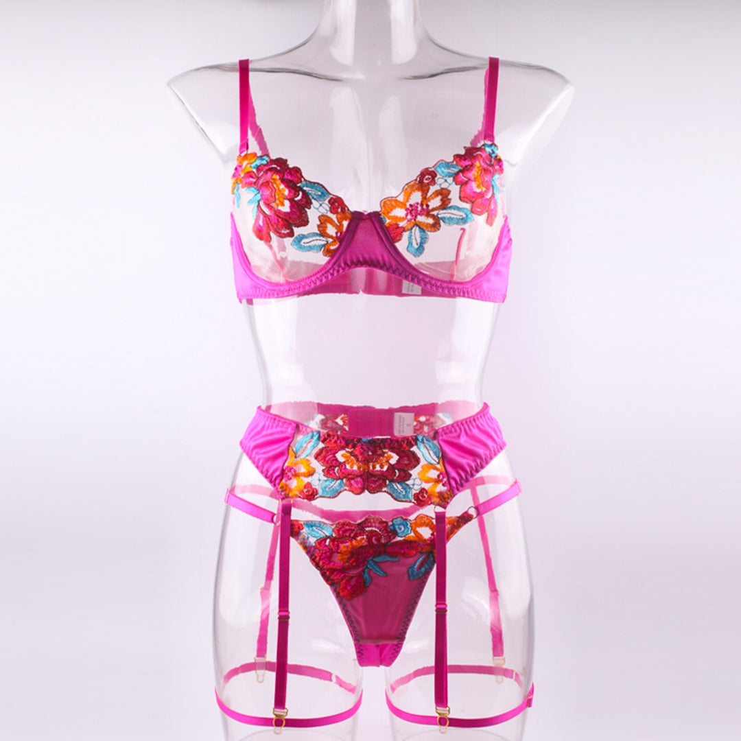 Floral Embroidered Underwire Garter Set
