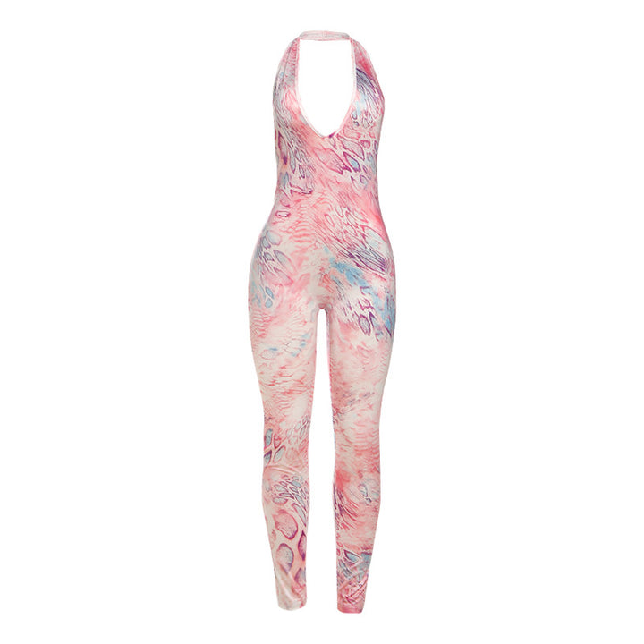 Halter Deep V Abstract Print Bodysuit Jumpsuit