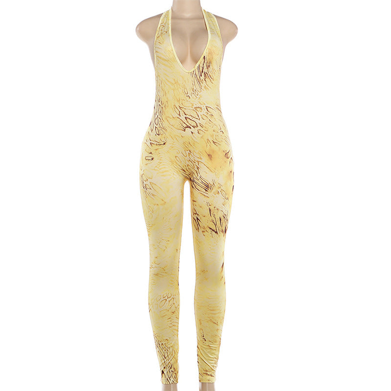 Halter Deep V Abstract Print Bodysuit Jumpsuit