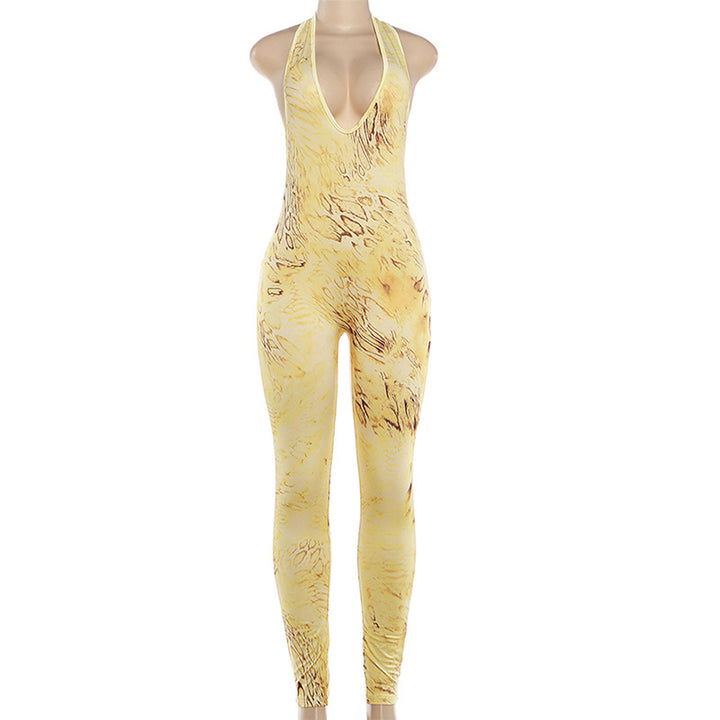 Halter Deep V Abstract Print Bodysuit Jumpsuit