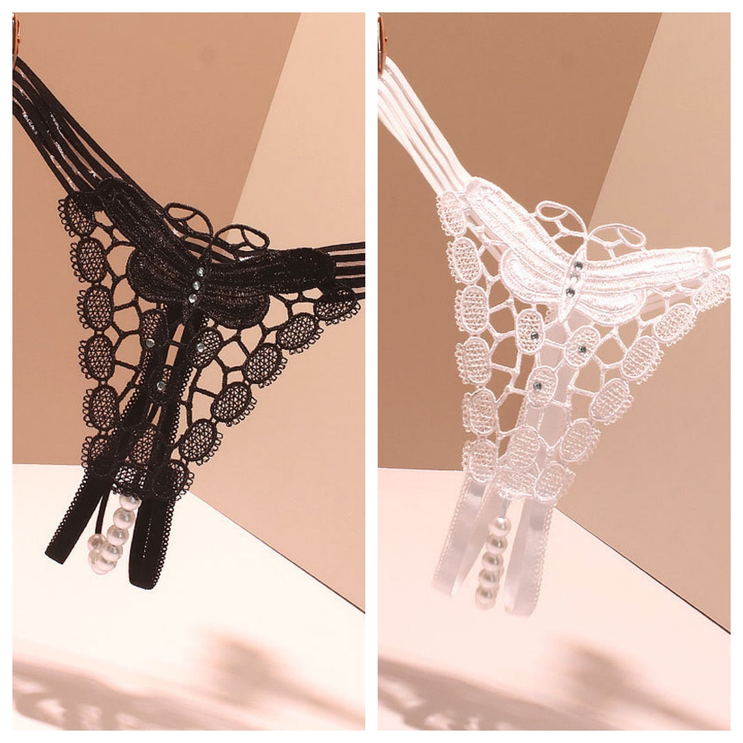 Pearl String Butterfly Crotchless Lace Thong