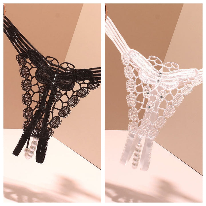 Pearl String Butterfly Crotchless Lace Thong