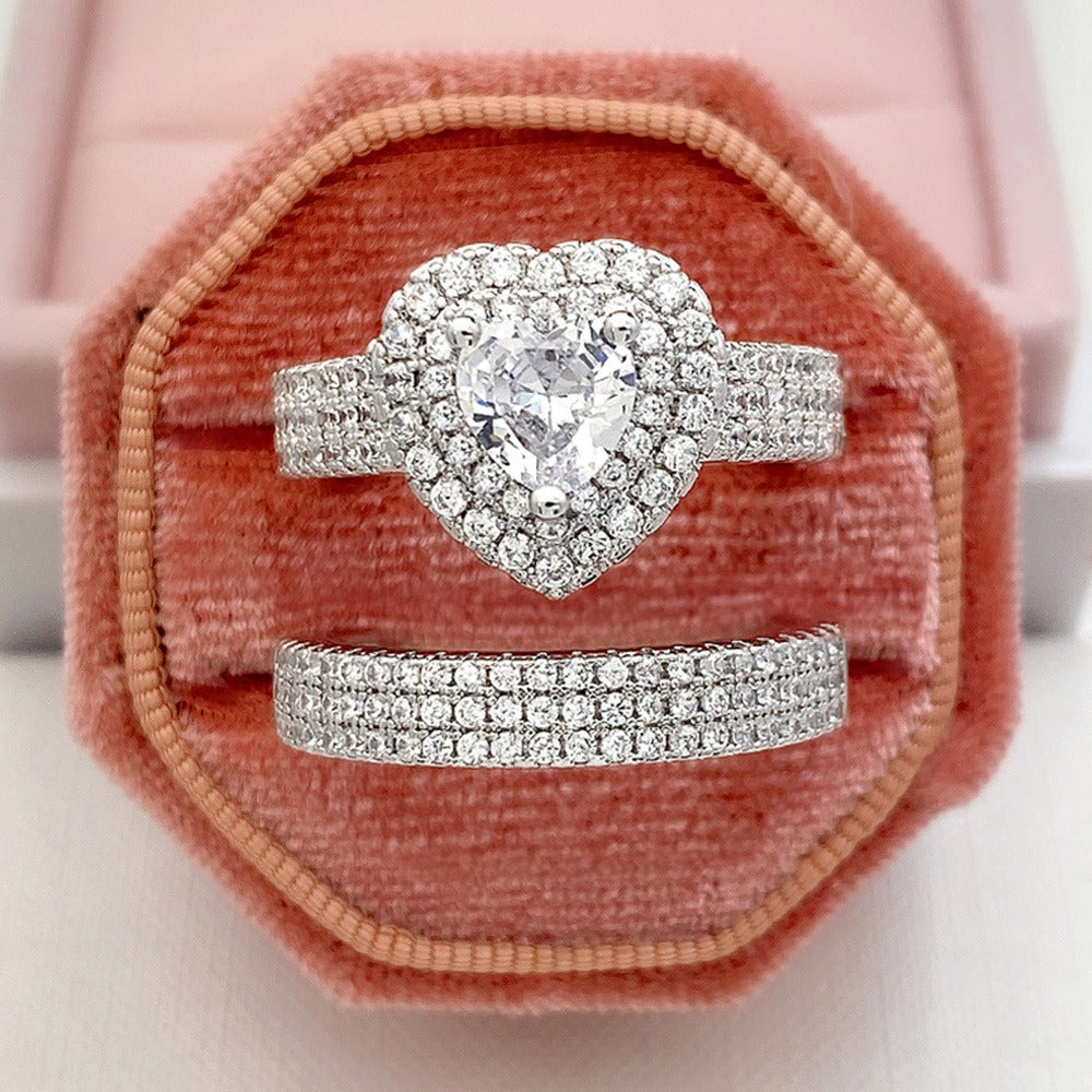 Heart Diamond Luxury S925 Sterling Silver Paved Heart Ring Set