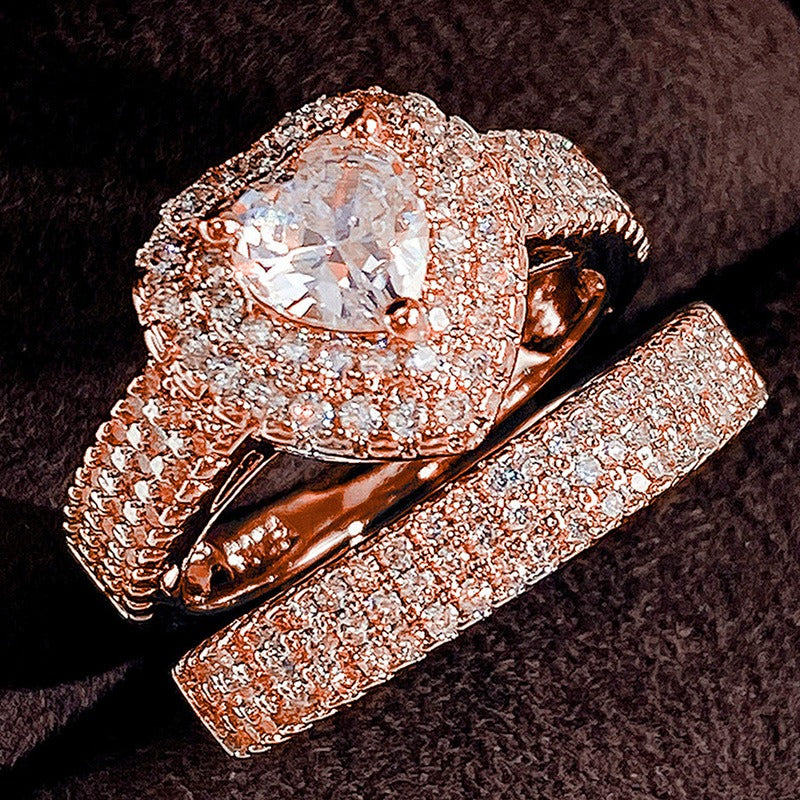 Heart Diamond Luxury S925 Sterling Silver Paved Heart Ring Set
