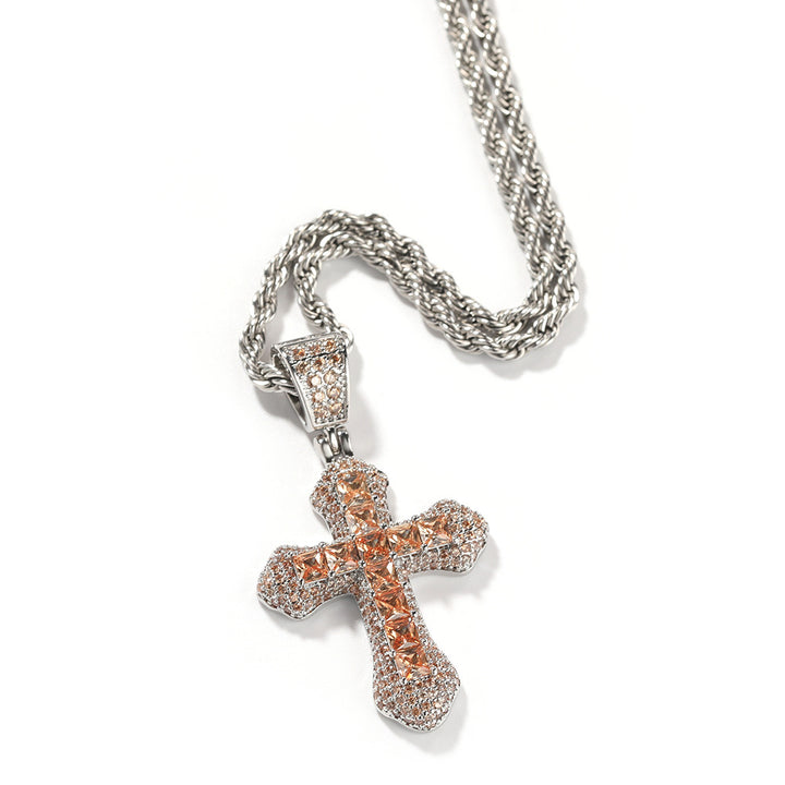 Twisted Chain Inlaid Imitation Diamond Religious Streetwear Pendant Hip-Hop Full-Diamond Cross Necklace